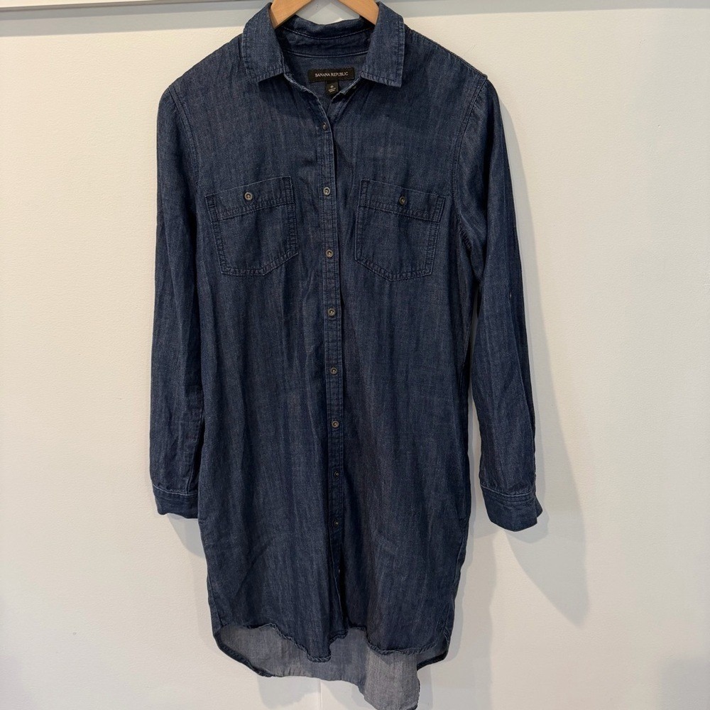 Banana Republic Women's Shirt Dress Blue‎ Denim Chambray Roll-Tab Button Down 6